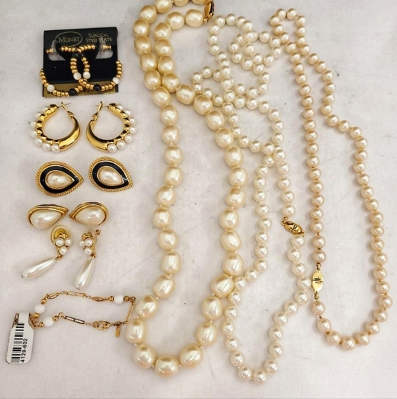 Monet Goldtone & Faux Pearl Earrings NecklacesJewelry Lot Of14pc